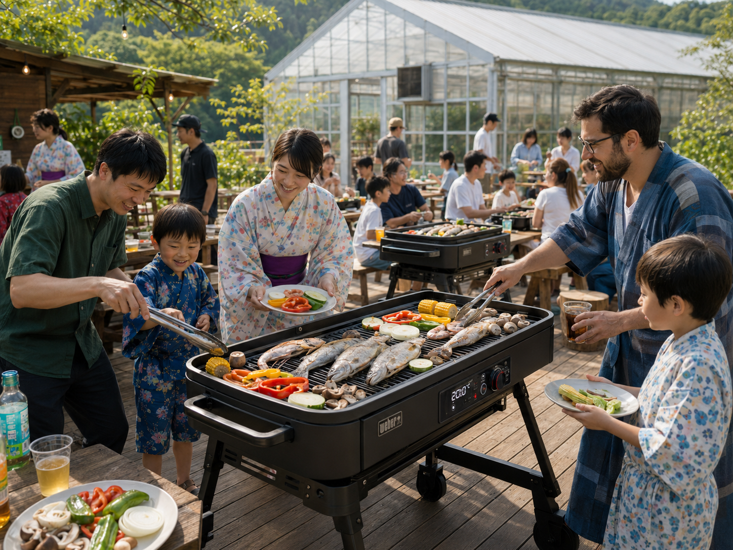 ビニールハウスのそばのウッドデッキで、獲れたてのエビや魚・野菜をコンロで焼くシェアBBQの様子