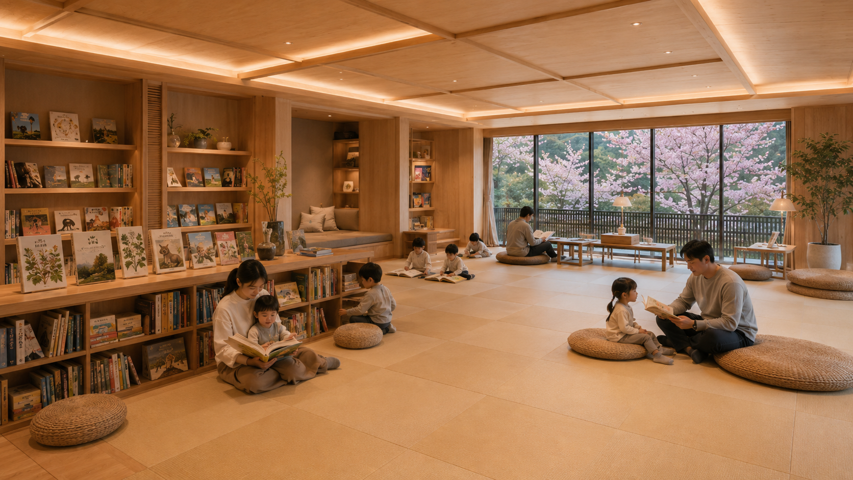畳エリアで、親子が絵本を読んでくつろぐ様子