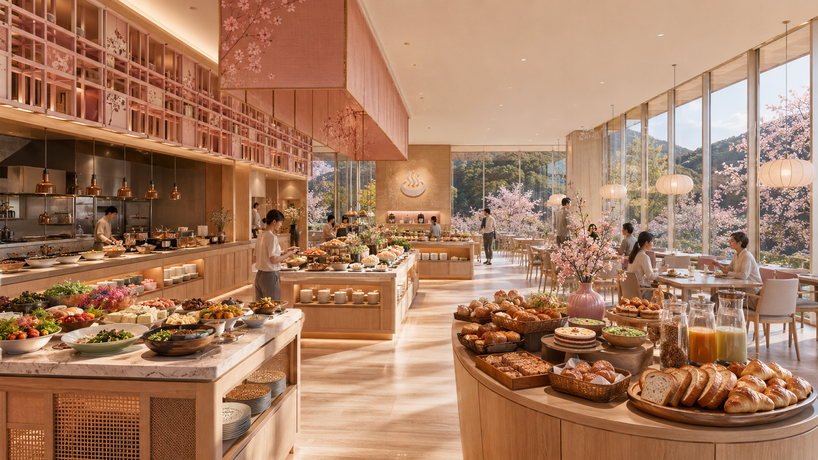 桜色の内装のビュッフェ会場に和洋の料理やパンが並ぶ様子
