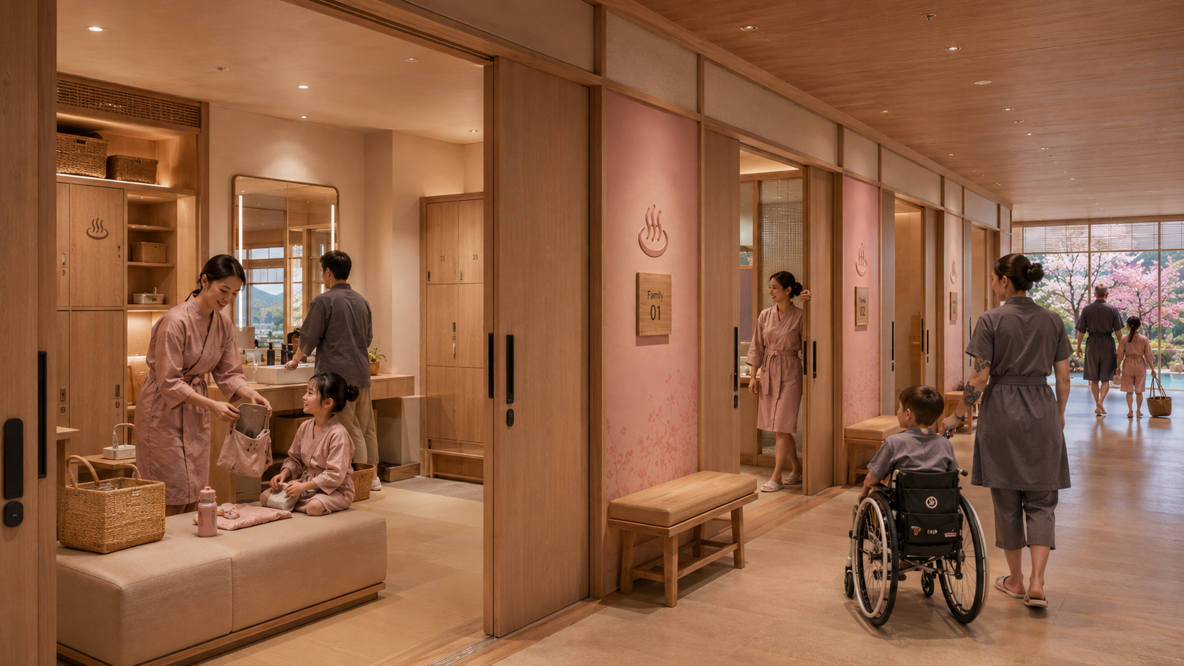 桜色の壁のプライベートな個室更衣室が並び、親子で着替えの支度をする様子