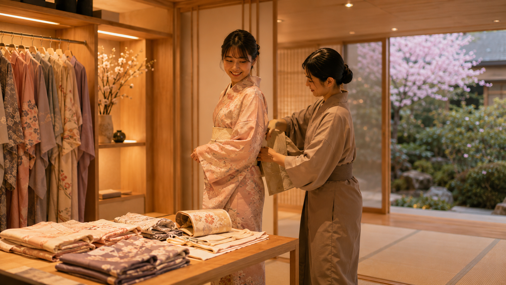 桜を望む和室での着付け・浴衣レッスンの様子
