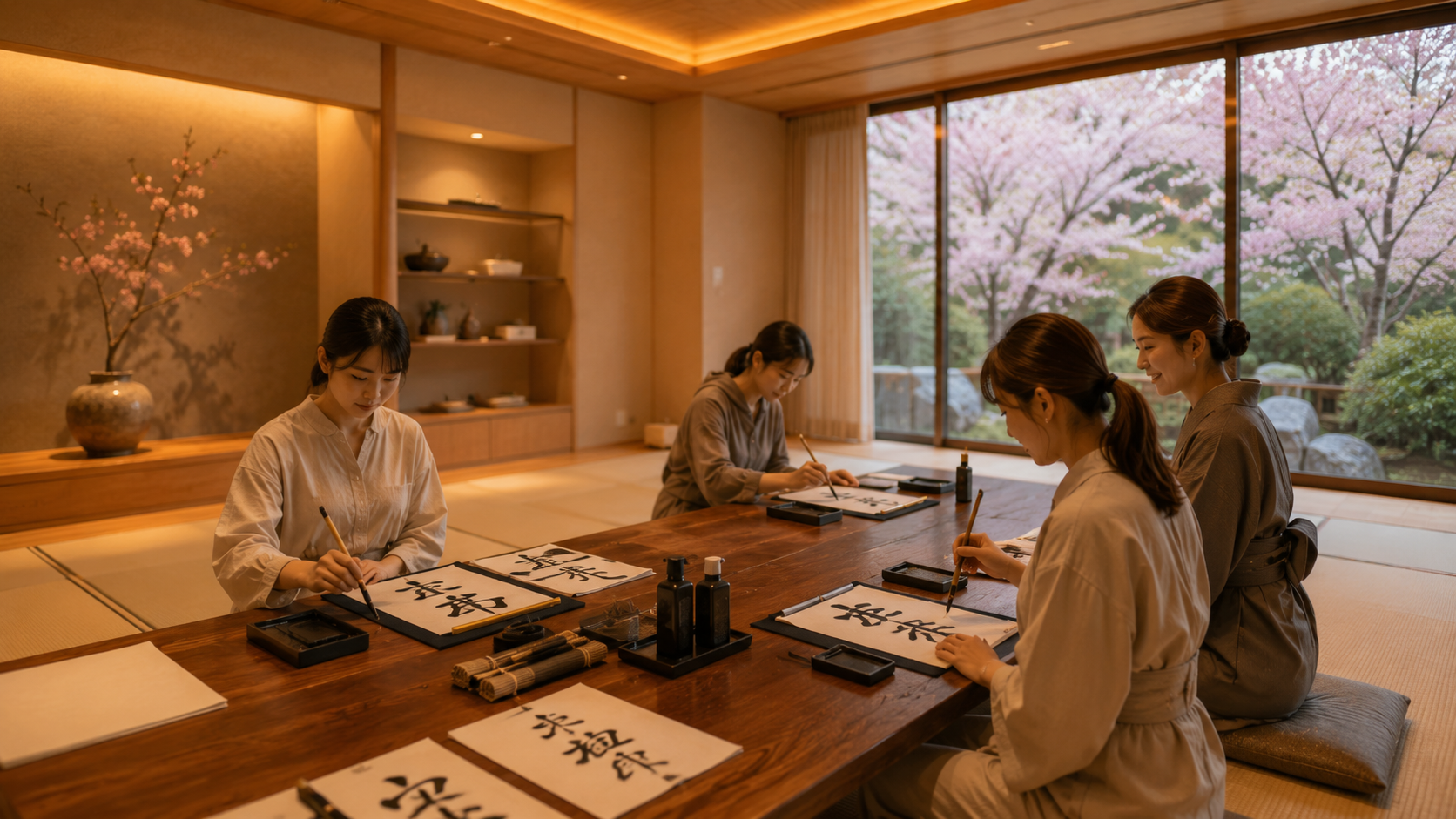 和室で書道を習う参加者