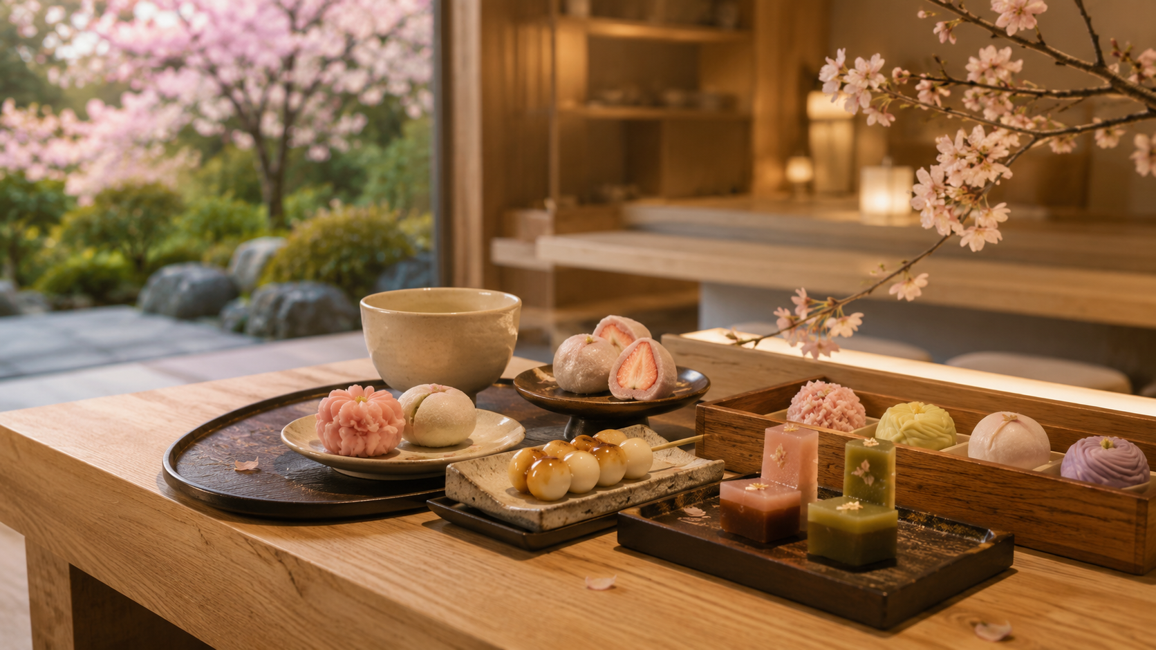 桜を眺めながらいただく、季節の和菓子とお抹茶